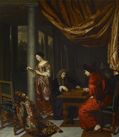 Innenraum mit Figuren, die Tric-Trac spielen von Frans van Mieris